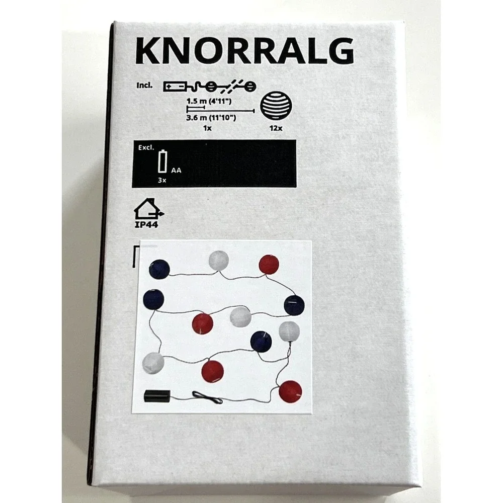 IKEA Knorralg Solvinden LED String Light, 12 Lights Red Blue White July 4th New